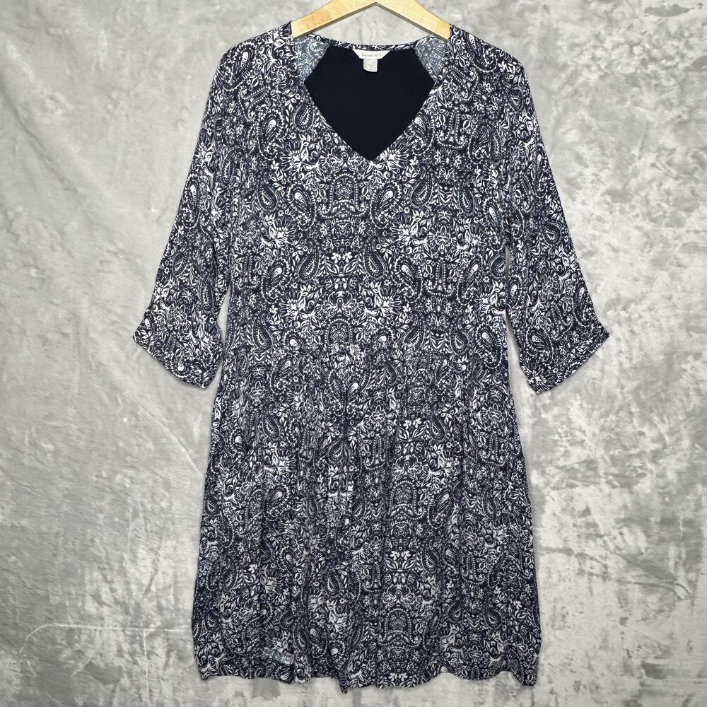 Garnet Hill Dress Womens 6 Blue White Paisley 3/4 Sleeve Pockets Boho V Neck
